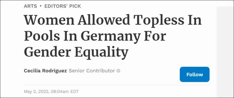 德国城市允许女性在泳池裸上身以示性别平等