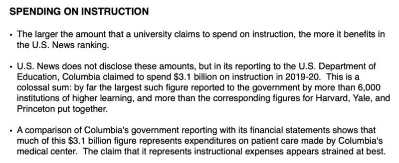 哥伦比亚大学在财务资源类别上的强劲表现似乎归因于它声称在教学上花费的金额 ...